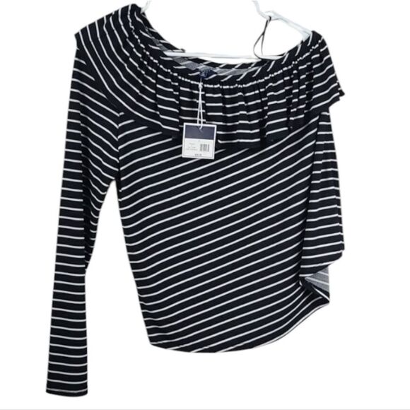 Kaari Blue NWT Ruffle One Shoulder Top Black/White Stripe Stretchy Blouse SMALL - Picture 1 of 9